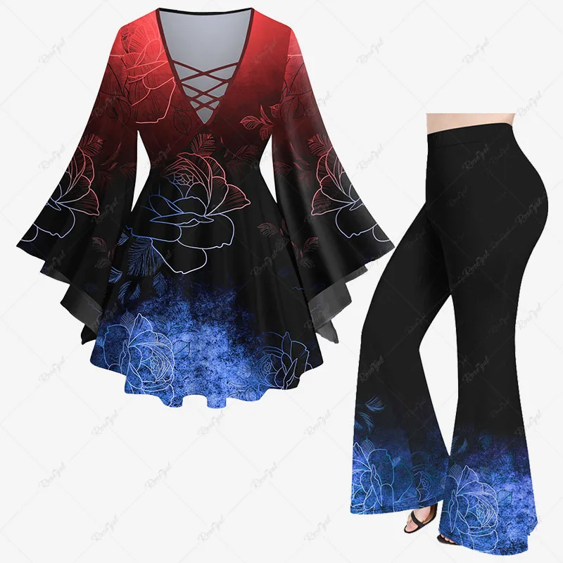 

2023 New Women's Flare Sleeves Glitter Rose Flower Print V-Neck Ombre Lattice Top Or Flare Pants Daily Casual Matching Set XS-6X