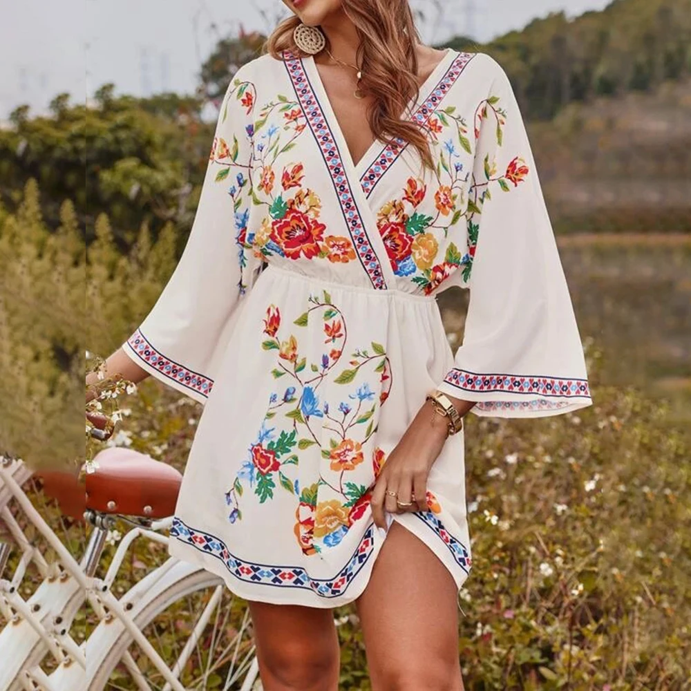 

Платье женское пляжное в богемном стиле, короткая юбка с цветочным принтом, свободная талия, праздничная одежда, весна-лето 2024