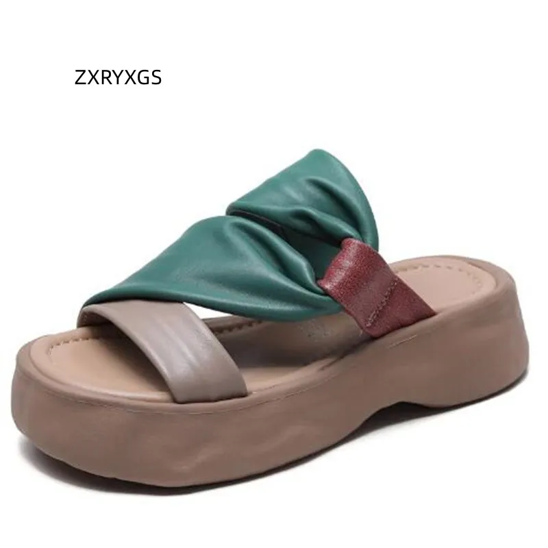 

ZXRYXGS 2023 New Summer Women Fashion Slippers Sandals Platform Wedges Increase Light Spell Color Retro Genuine Leather Sandals