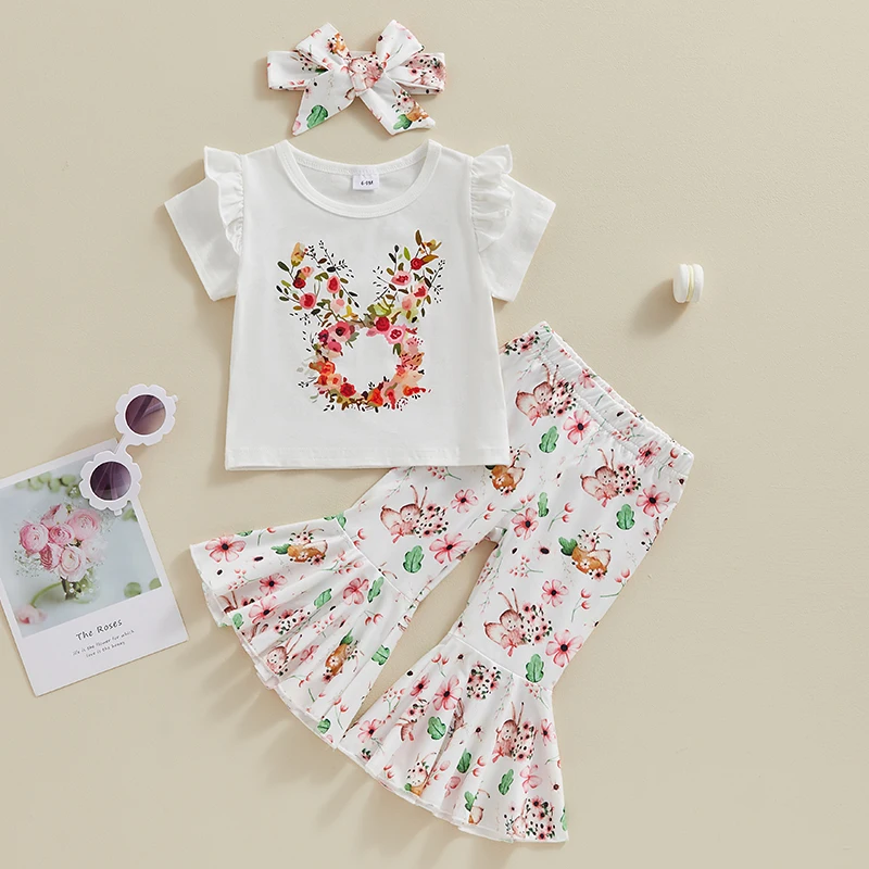 

Kids Girls Easter Outfits Floral Bunny Print Short Sleeve T-Shirt and Flare Pants Headbands Set Summer Clothes