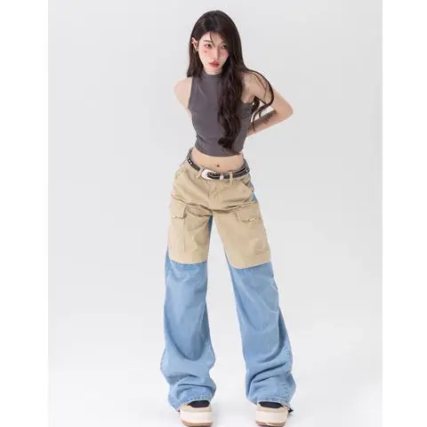 

Y2K Korea Contrasting Colours Women's Spliced Denim Jeans Wide Leg Trousers High-waisted Pant High Street All seasons
