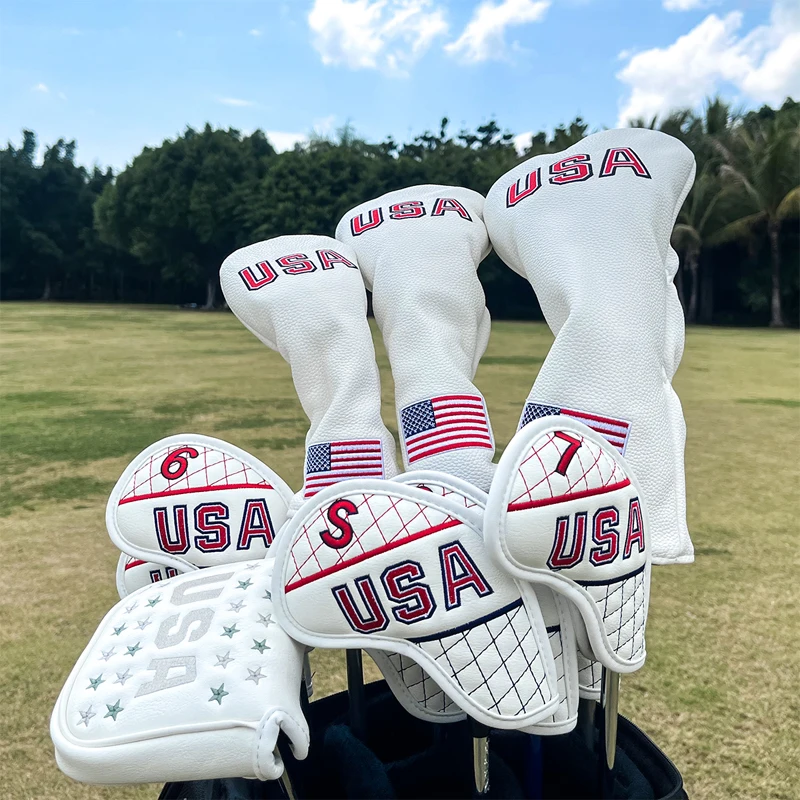 

Simple Flag Pattern Golf Head cover For Driver Covers Fairway Woods Hybrid #135 UT Putter Waterproof Pu Leather Golf Club Cover