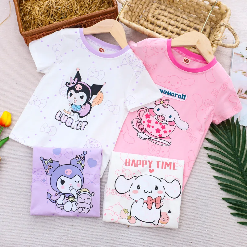 

2024 Children Clothing Summer Girls Sanrio Kuromi Cinnamoroll Kawaii Short-Sleeved T-shirt Kids Fashion Round Neck Cotton Tops