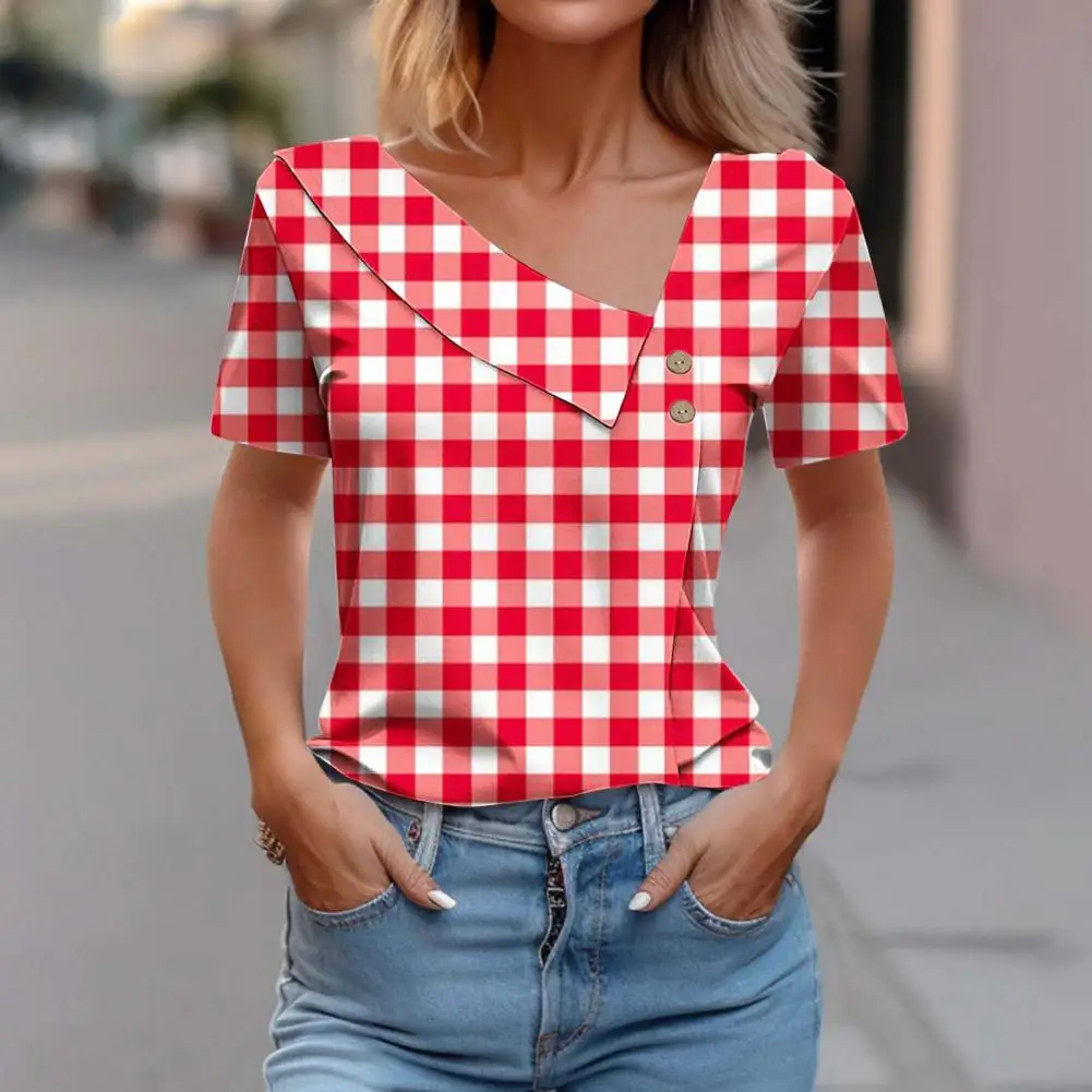Women Summer Casual T-shirt Skew Collar Short Sleeve Tops Loose Fit Plaid Print Pullover Tops Buttons Decor Tops Streetwear
Women Summer Casual T-shirt Skew Collar Short Sleeve Tops Loose Fit Plaid Print Pullover Tops Buttons Decor Tops Streetwear