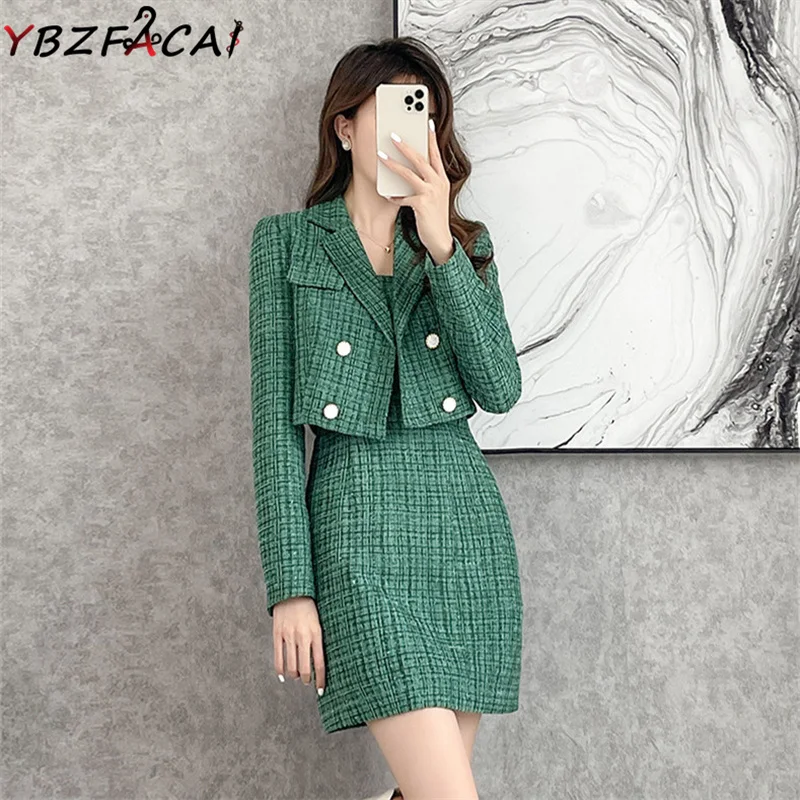 Fall Retro Tweed Suit Women High-Grade Green Tweed Dress Elegant Double Breasted Tweed Jacket Slim Fit Sling Plaid Dress 2022
Fall Retro Tweed Suit Women High-Grade Green Tweed Dress Elegant Double Breasted Tweed Jacket Slim Fit Sling Plaid Dress 2022
