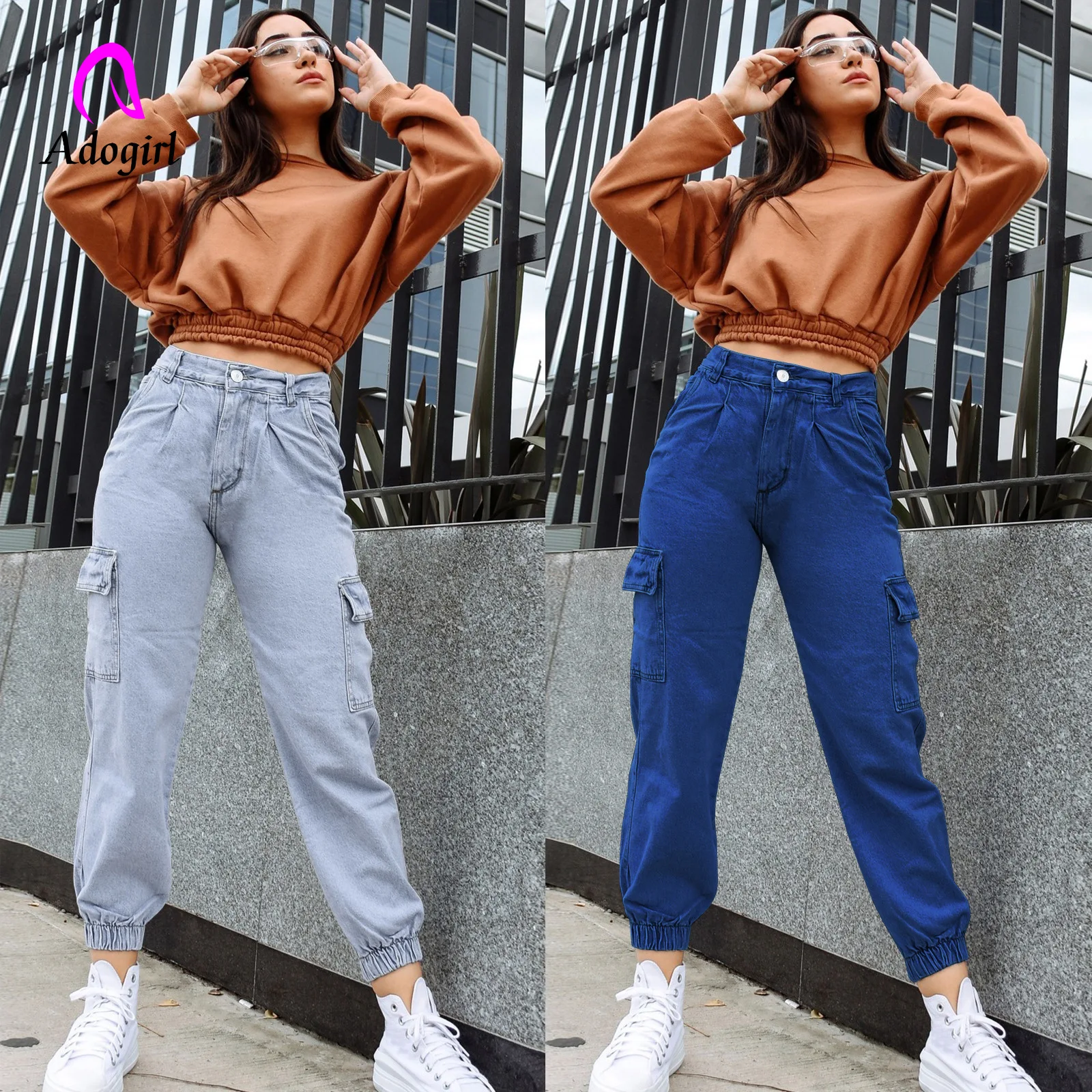 

Baggy Cargo Pants Women High Waist Multi Pockets Jeans Button Fly Elastic Cuff Casual Streetwear Denim Trousers Stretchy Bottoms