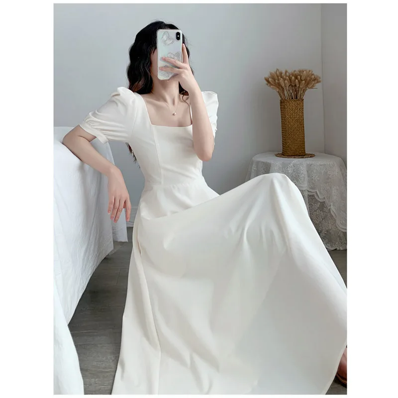 

Solid Color Dress 2023 New Summer Women's Square Neck Puff Sleeve Over Knee Long Simple Elegant Fashion Dresses Dating Skirt