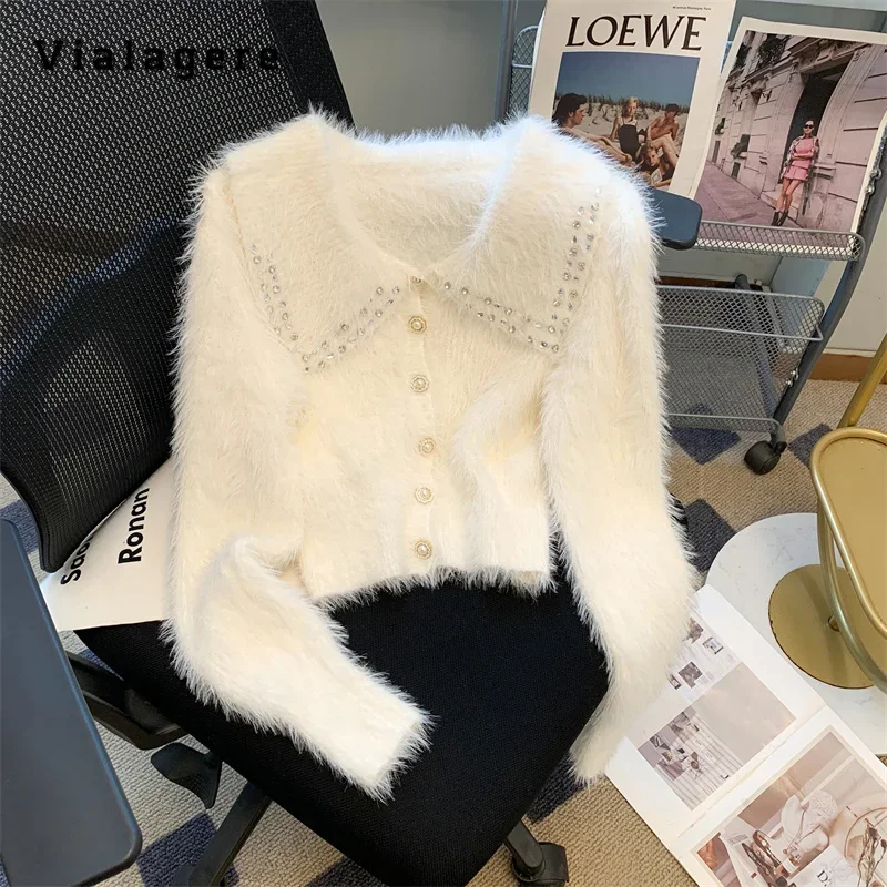 

Women Luxury Beading Knitting Long Sleeve Peter Pan Collar Cardigans 2023 Winter Korean Casual Single Breasted Warm Sweater