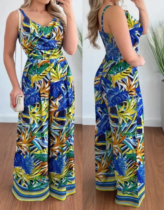 

Casual Jumpsuit for Women 2024 Summer Sleeveless V-Neck Tropical Print Shirred Daily Holiday High Waisted Wide Leg Jumpsuit