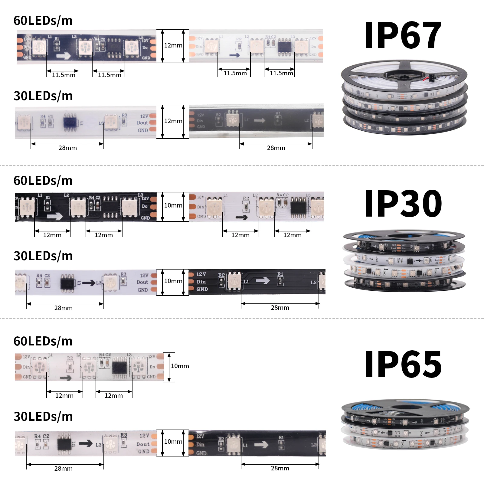 

WS2811 RGB LED Strip 30LEDs/m 60LEDs/m 5050 SMD Individually Addressable Tape Light IP30/IP65/IP67 DC12V 1 IC Control 3 Leds