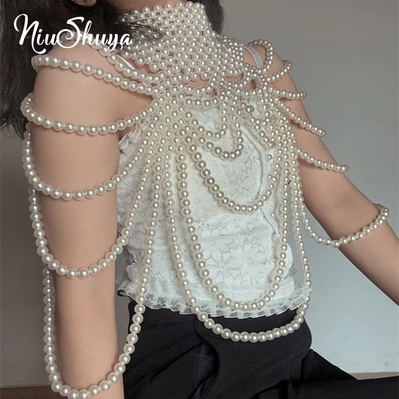 

NSY Sexy Women's Pearl Body Chains Fashion Big European Shoulder Necklaces Tops Chain Wedding Dress Pearls Body Jewelries