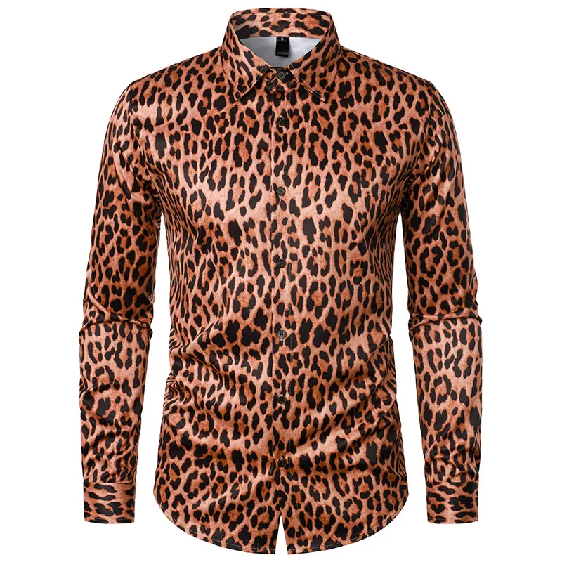 

Mens Sexy Leopard Print Dress Shirts Long Sleeve Button Up Shirt Men 70s Disco Party Costume Nightclub Stage Prom Chemise Homme