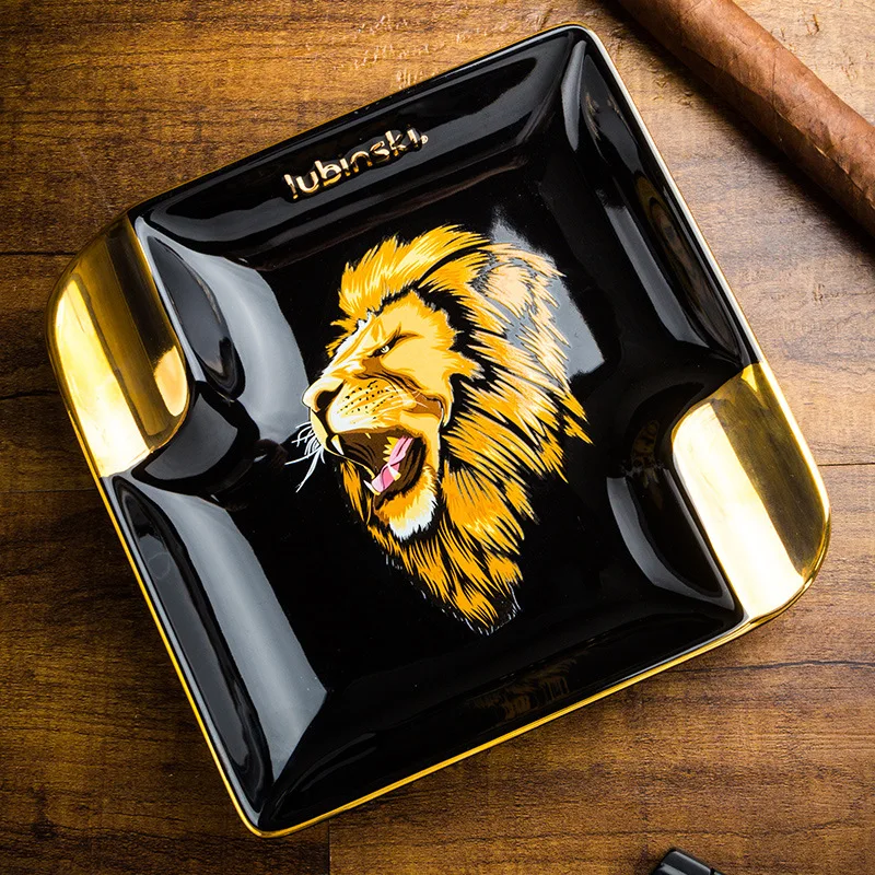

LUBINSKI Cigar Ashtray Double Slot Trough Ceramic Dominant Living Room Lion Pattern Cigar Ash Holder Tray