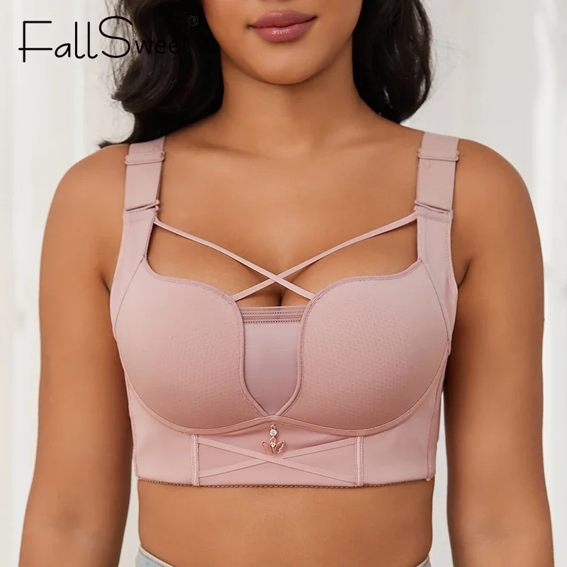 

FallSweet Sexy Plus Size Bra for Women Criss Cross Push Up Brassiere Full Back Coverage Hide Fat Smooth Bras Wireless Lingerie