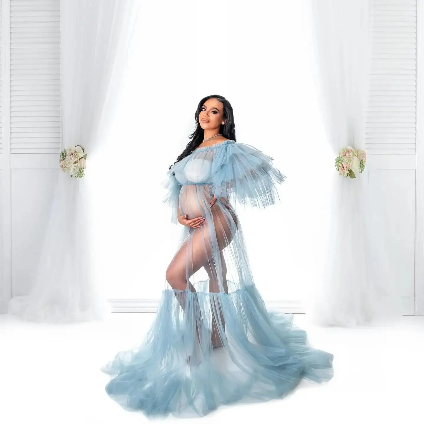 

Sexy Blue Prom Dresses Off Shoulder Tiered Ruffles Sleeves Pregnant Women Gowns Sexy See Thru Baby Shower Photography Robes