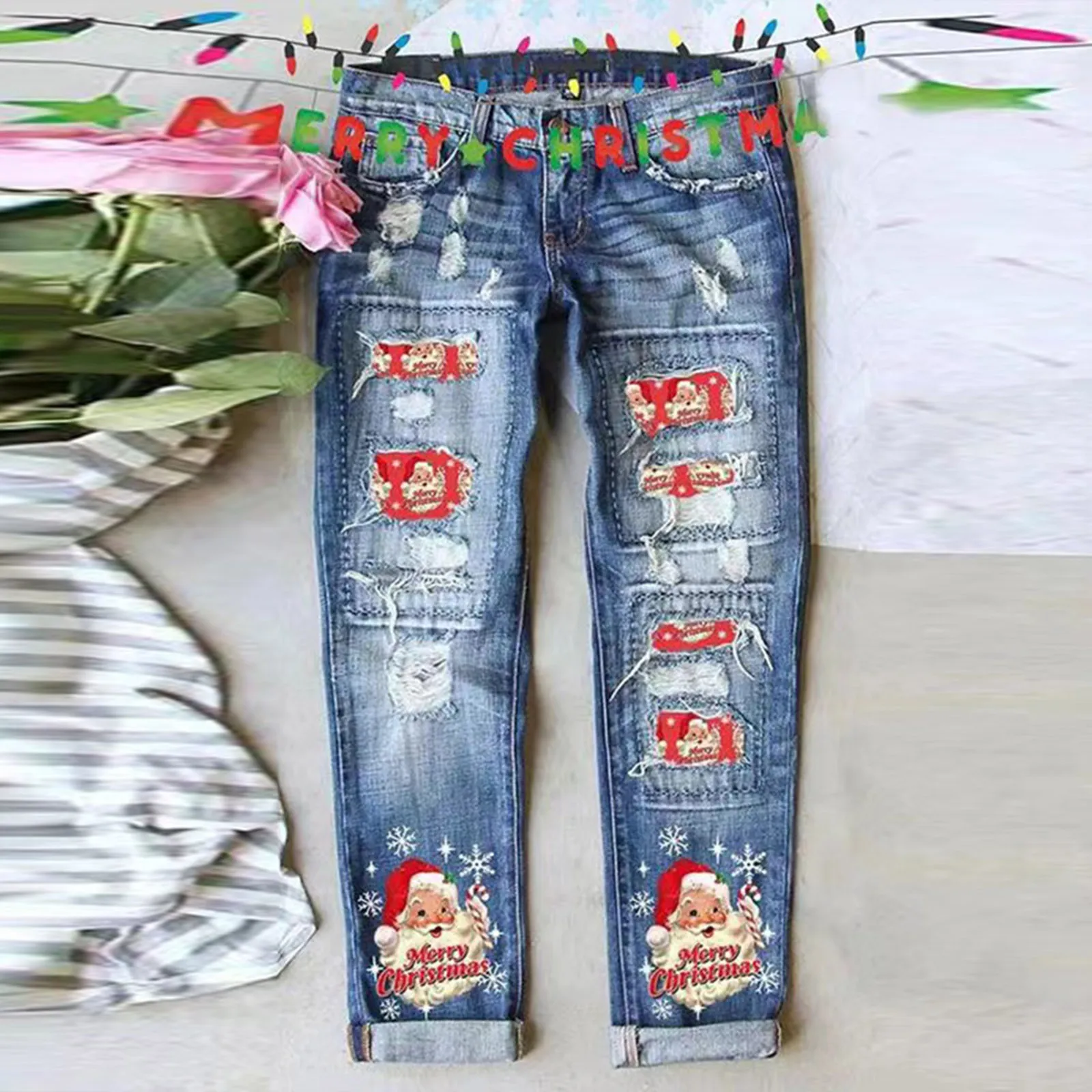 

Christmas Jeans Xmas Print Pants High-Quality Ripped Pants Fall Winter Sant Claus Gift Trousers Y2K Low-Rise Pantalones De Mujer