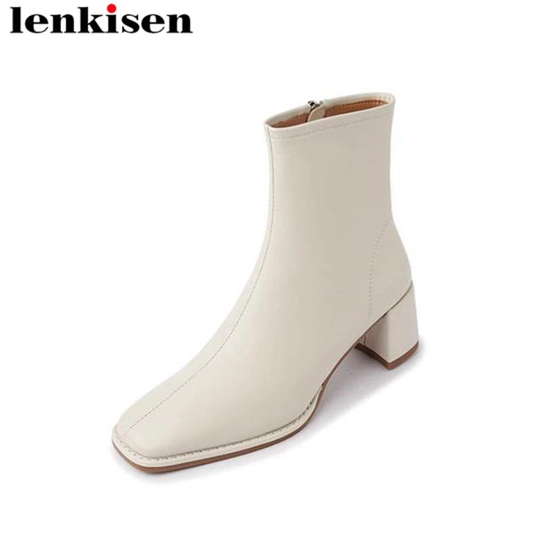 

Lenkisen Handmade Sheep Leather Thick Heels Square Toe Winter Warm Modern Boots Mature Lady Party Vintage Concise Ankle Boots