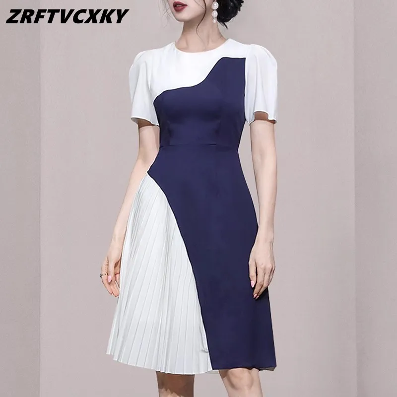 2023 Korean Women's Summer Mini Dresses Retro Contrasting Colors Pleats Fashion O-Neck Slim Casual Office A-Line Dress Vestidos
2023 Korean Women's Summer Mini Dresses Retro Contrasting Colors Pleats Fashion O-Neck Slim Casual Office A-Line Dress Vestidos
