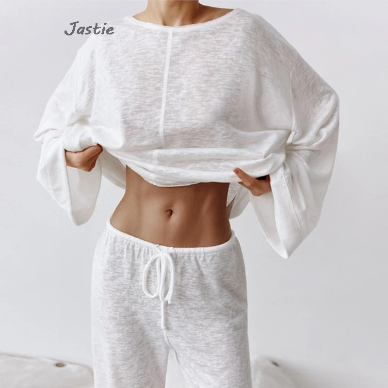 

Fashion Long Sleeve T-shirts+Elastic Waist Pant Set O Neck Casual Pajamas Suit Thin Transparent Tops Spring Summer Two Piece Set