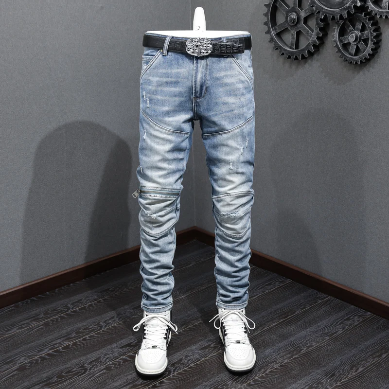 

Street Fashion Men Jeans Retro Light Blue Elastic Slim Fit Ripped Jeans Men Zipper Spliced Designer Hip Hop Biker Pants Hombre