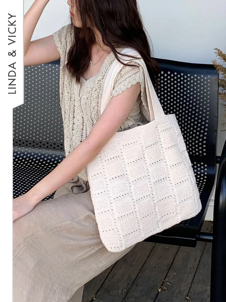 

2024Trend Wool Knitted Women's Handbag Large Capacity Preppy Style Crochet Shoulder Bags Holiday Exposure Underarm Shopping Tote