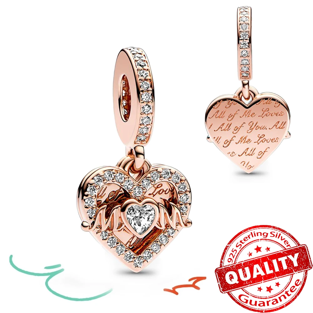 

Gorgeous 925 Sterling Silver Rose Gold Heart & Mom Dangle Charm Fits Original Pandora Bracelet Mother's Day Jewelry Gift