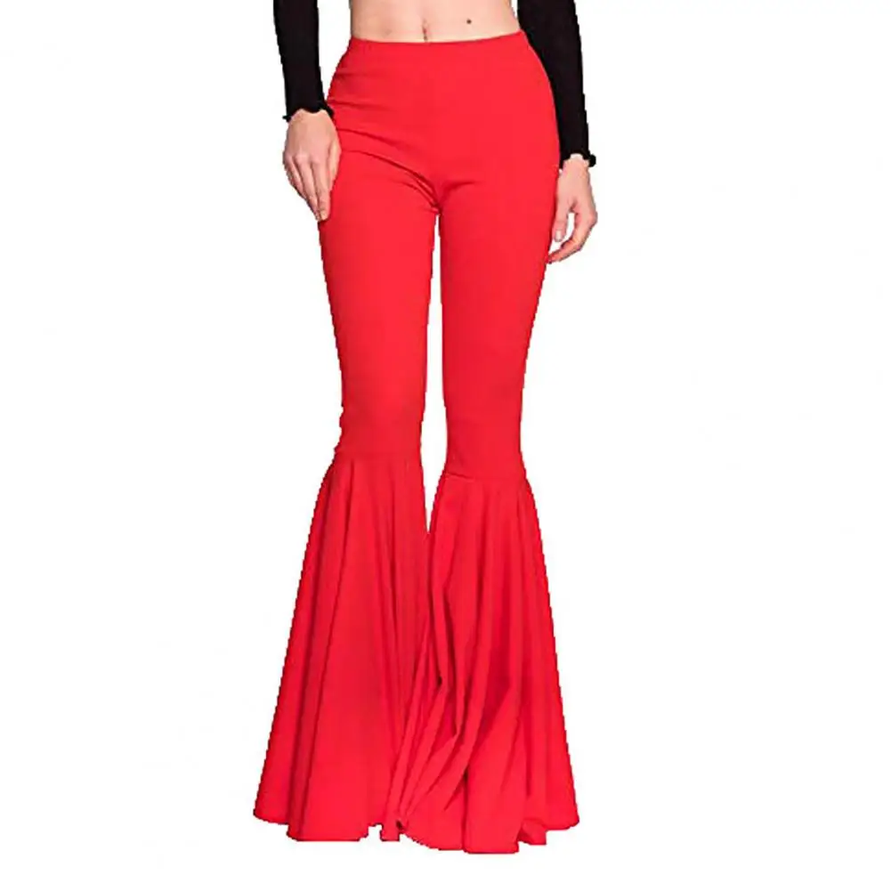 

High-Waist Elastic Waistband Control Tummy Hip Lifting Lady Trousers Skinny Women Solid Color Sports Mermaid Flared Pants