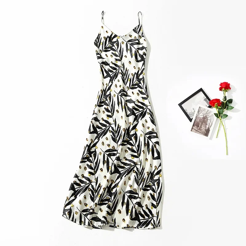 

Satin Printed Suspender Dress for Women Summer Dresses Female Slim Mid Long High End Acetic Acid Clothes 2024 Nuevo En Vestidos