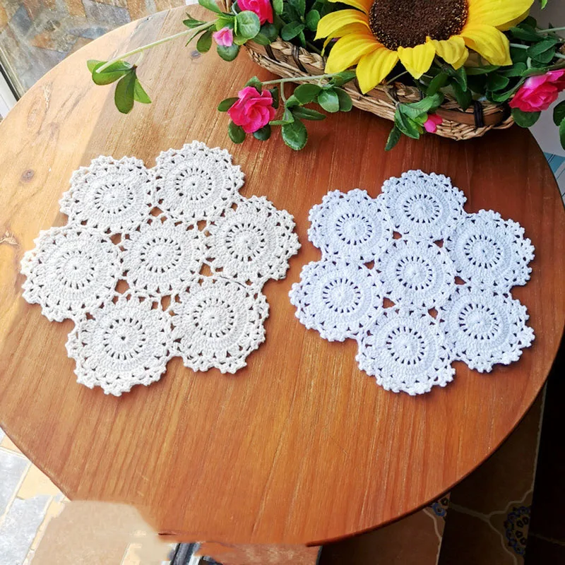 

HOT round cotton handmade flower placemat cup coffee tea coaster Christmas table place mat cloth Crochet doily wedding Party pad