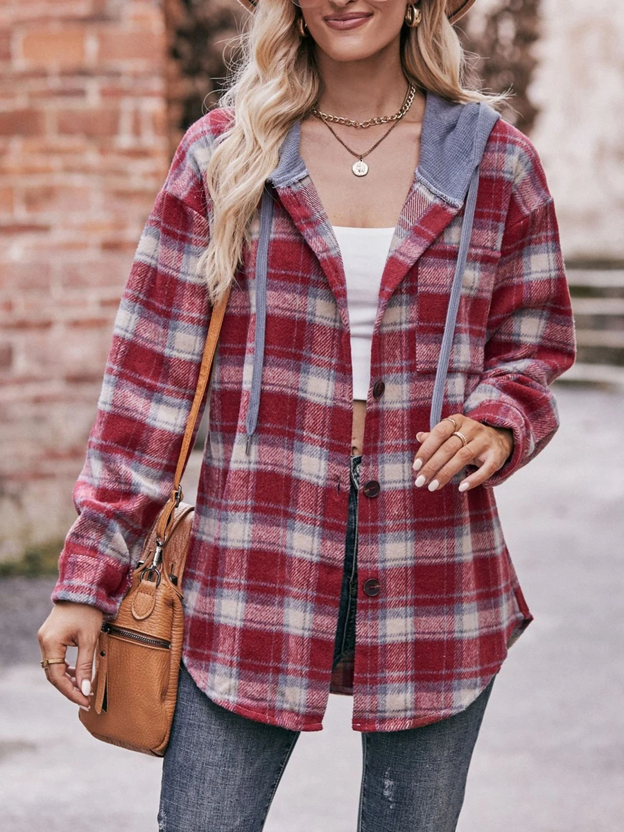 

Gloomia Women s Plaid Shacket Jacket with Hood - Stylish Oversized Boyfriend Fit Button Down Long Sleeve Blouse Top