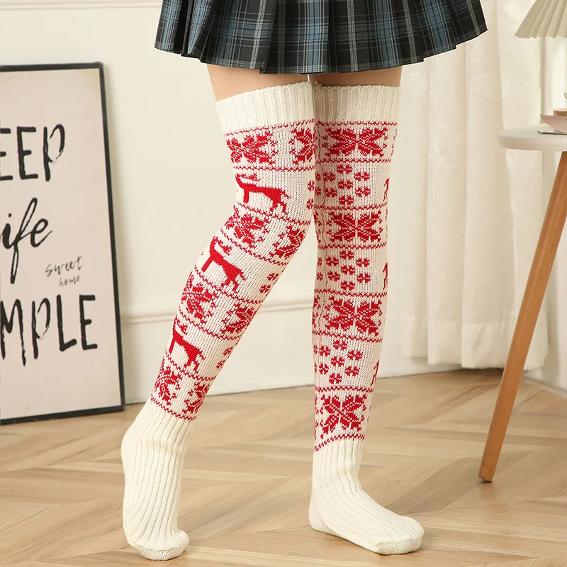 

Christmas Over Knee Socks Women's Girls Winter Warm Long Socks Elk Knitted Wool Leg Warmer Xmas Party Thigh High Stockings