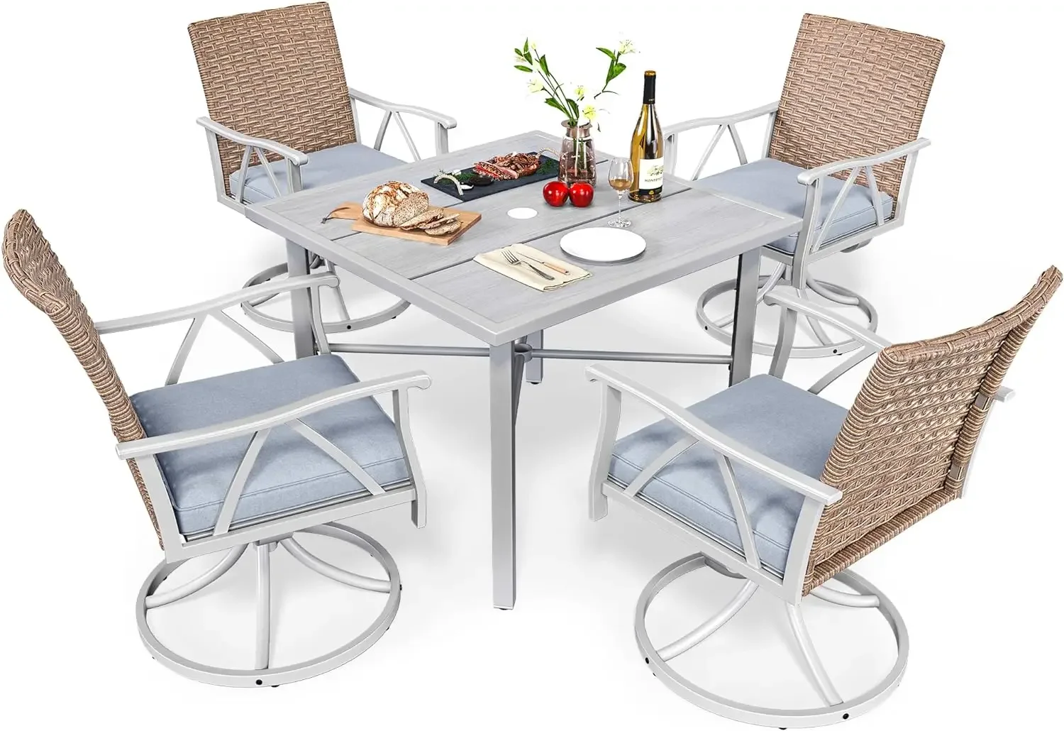 5Piece Patio Dining Set, Outdoor Wicker Conversation Furniture w/4 Swivel Dining Chairs& 2" Umbrella Hole Imitation Dining Table
5Piece Patio Dining Set, Outdoor Wicker Conversation Furniture w/4 Swivel Dining Chairs& 2" Umbrella Hole Imitation Dining Table