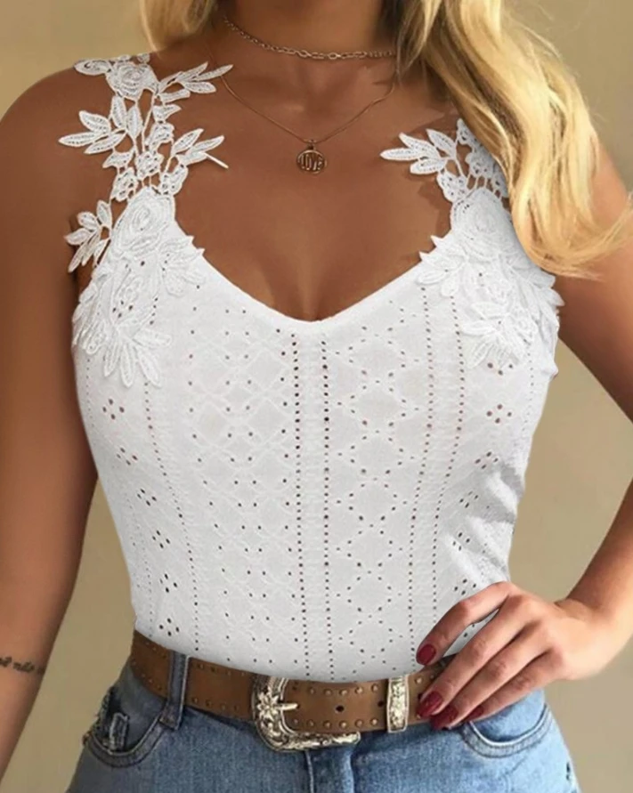 

Sexy Tank Tops Women's Tops 2024 Summer Casual Vacation Solid V-Neck Contrast Lace Eyelet Embroidery Sleeveless Skinny Cami Top