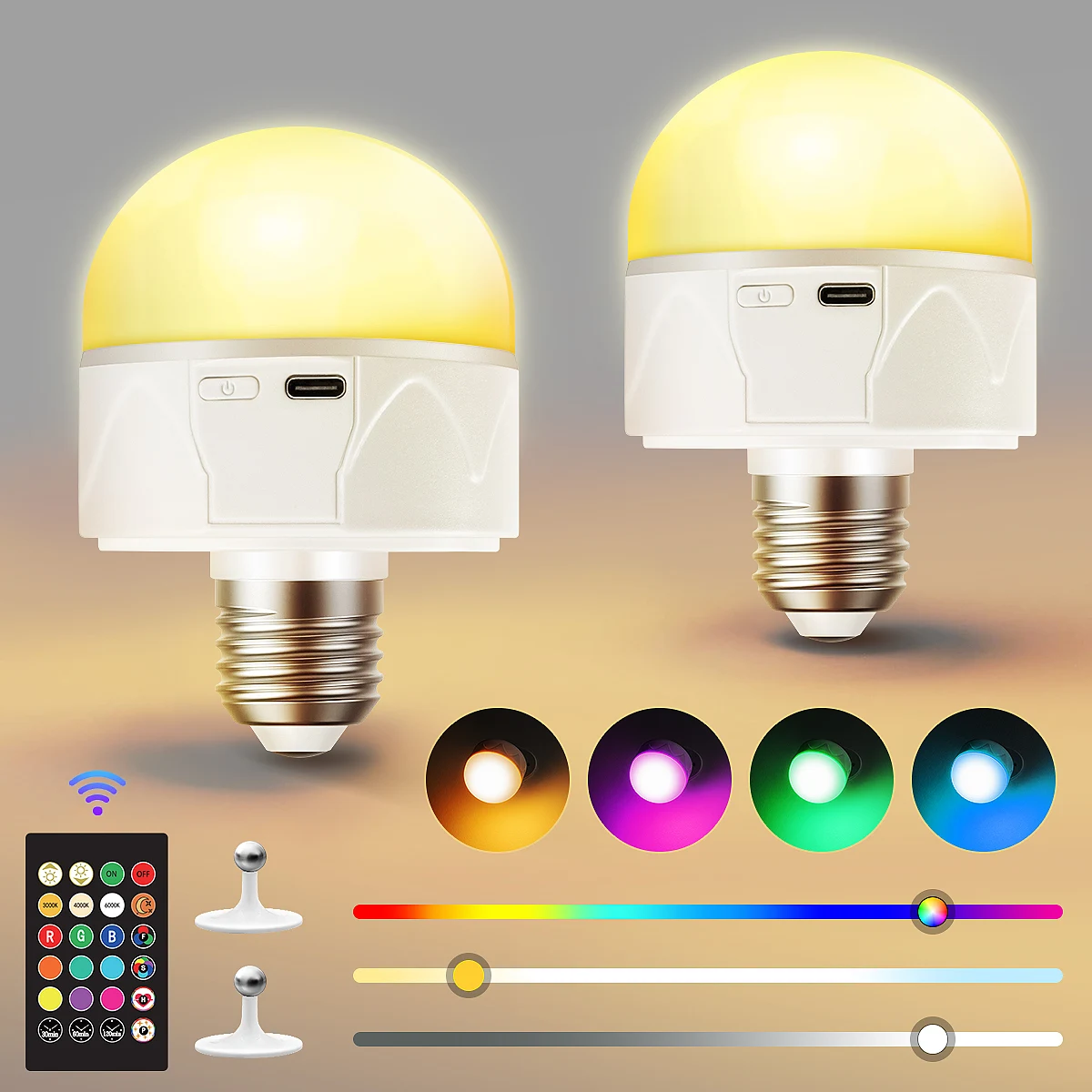 

2PCS E27 RGBW Detachable Magnetic 2200mAh Battery Operated Light Bulb Wall Lamp with Remote,USB Charge, 5 Modes, 12 Colors,Timer