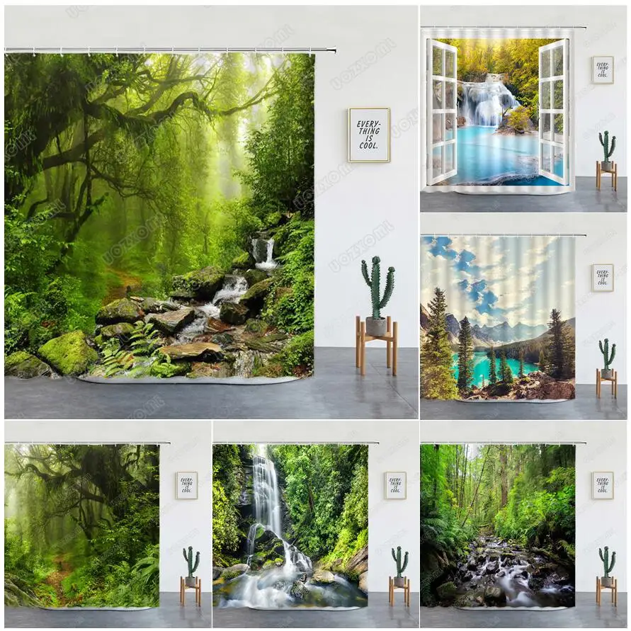 

Nature Forest Landscape Shower Curtain Waterfall Trees Plants Tropical Jungle Scenery Bath Curtains Wall Hanging Bathroom Decor