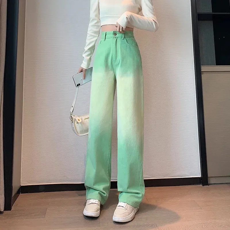 

Women Korea Style Gradient Color Jeans Spring Commuting Contrasting-Colors Pants Fashion High Waist Wide-leg Women's Trousers