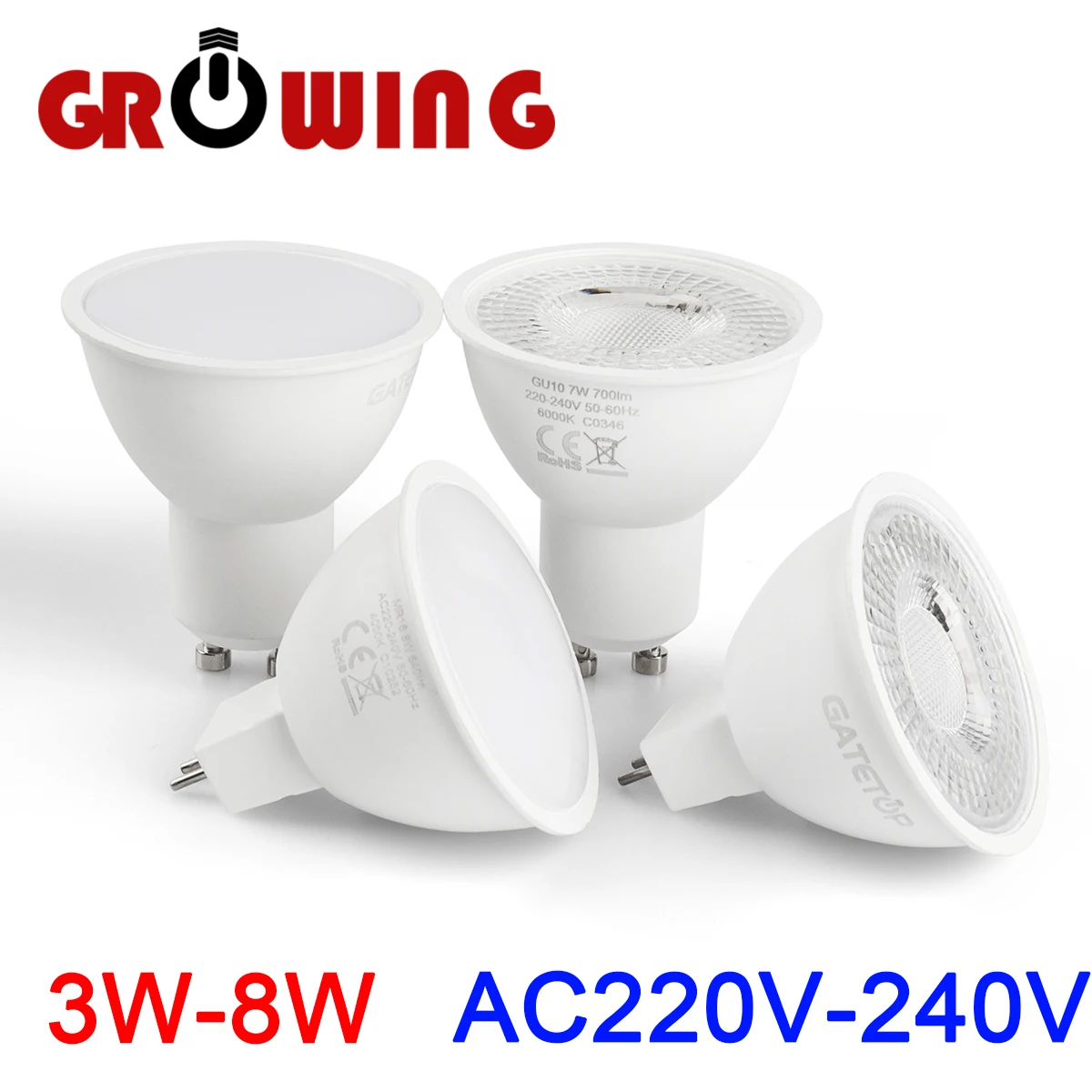 

LED spotlight GU10 GU5.3 AC220V high luminous efficiency, no flicker, warm white light 3W-8W, can replace 20W 50W halogen lamp