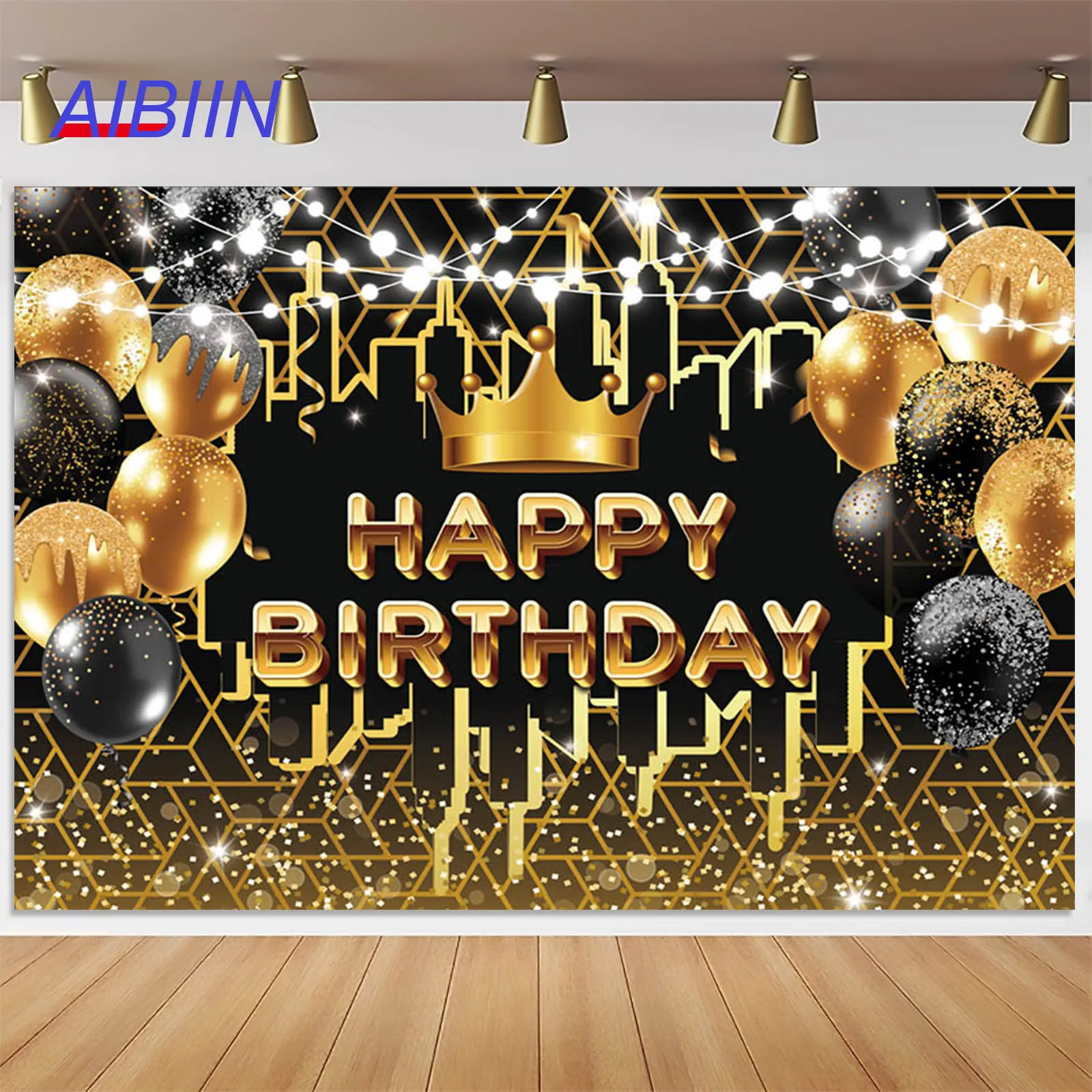 

AIBIIN Happy Birthday Backdrop Gold Balloon Crown Lights Photography Background Party Decor Cake Table Banner Poster Photozone