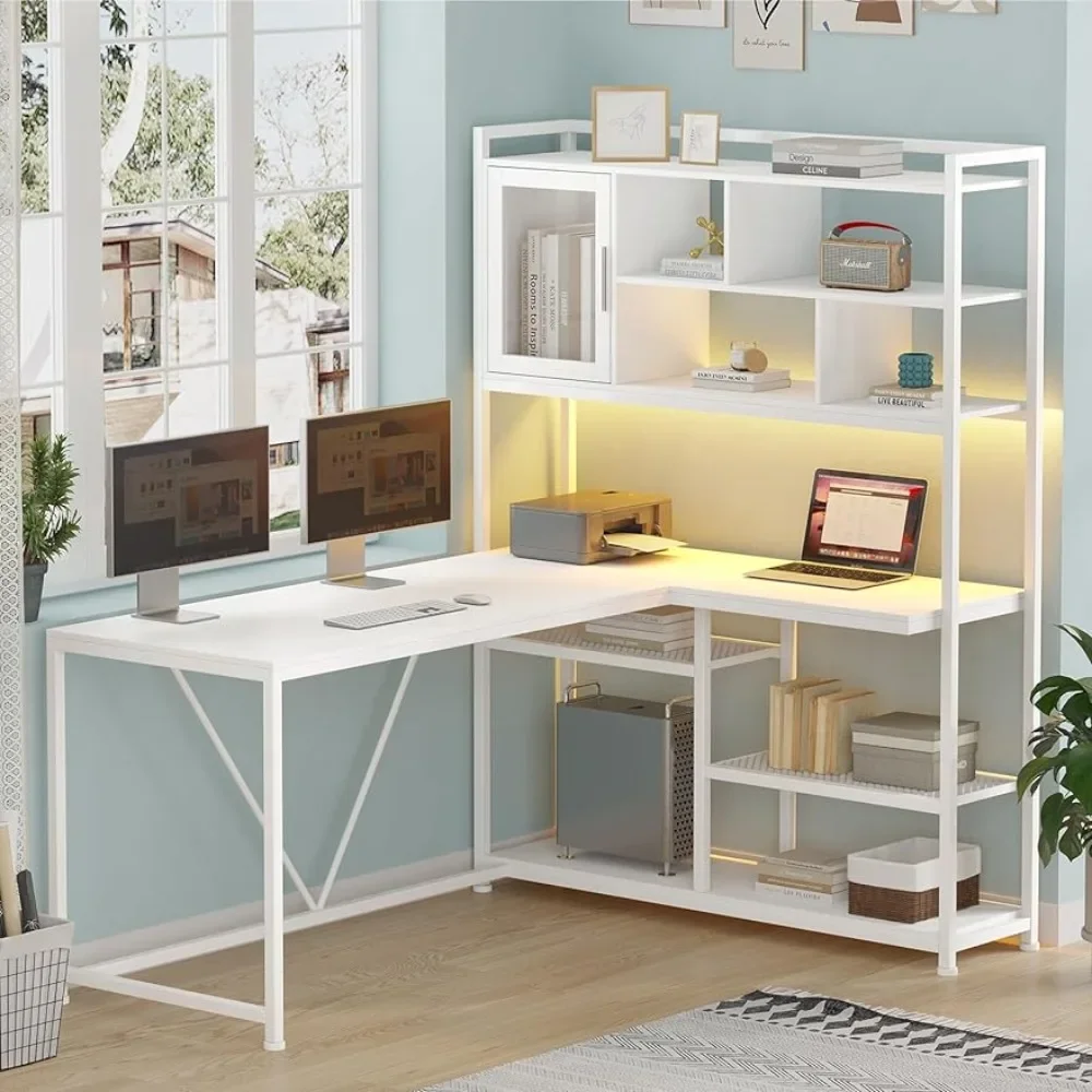 

58'' Office Desk With LED Light and Bookshelf Computer Desks L Shaped Corner Desk With Storage Shelves for Home Office Table