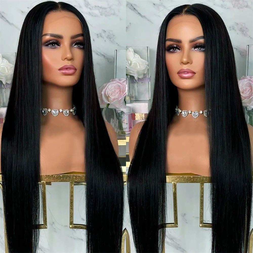 

Soft 26Inch Long 1B Black Silky Straight 180Density Lace Front Wig For Women Babyhair Heat Resistant Preplucked Glueless Daily