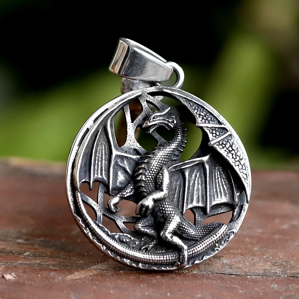

NEW Men's 316L stainless-steel VIKING round dragon head Pendant Necklace for teens punk Animal Jewelry Gift free shipping