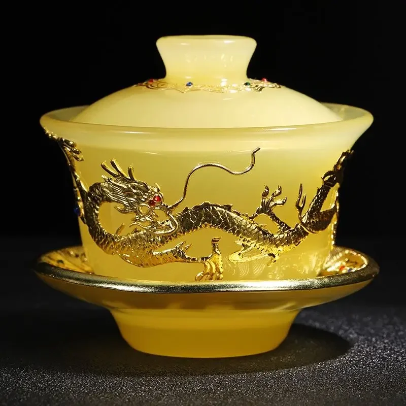 

22 Styles High End Gold Inlaid Jade Tea Tureen Tea Cup Glazed Jade Porcelain Tea Bowl with Cover Chinese Kung Fu