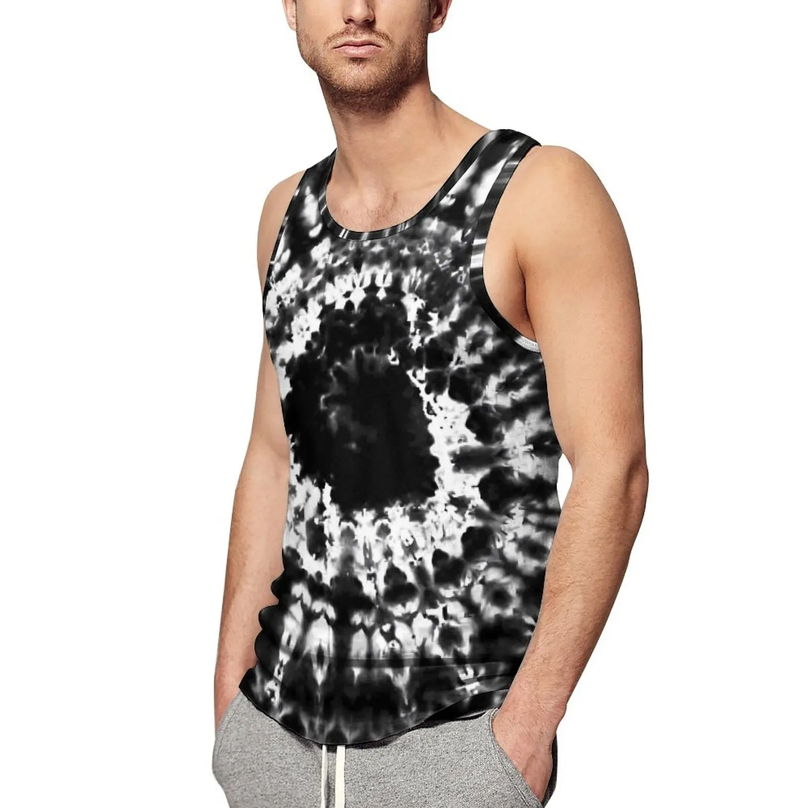 

Black Tie Dye Print Beach Tank Top White Spiral Training Tops Male Graphic Muscle Sleeveless Vests Plus Size