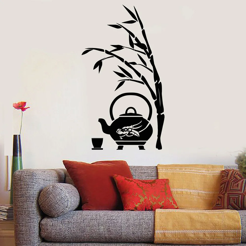 

Виниловая настенная наклейка, Бамбуковая ветка дерева, чайный горшок, настенные наклейки для дома, гостиной, украшение, дизайн, съемный художественный декор, роспись A385