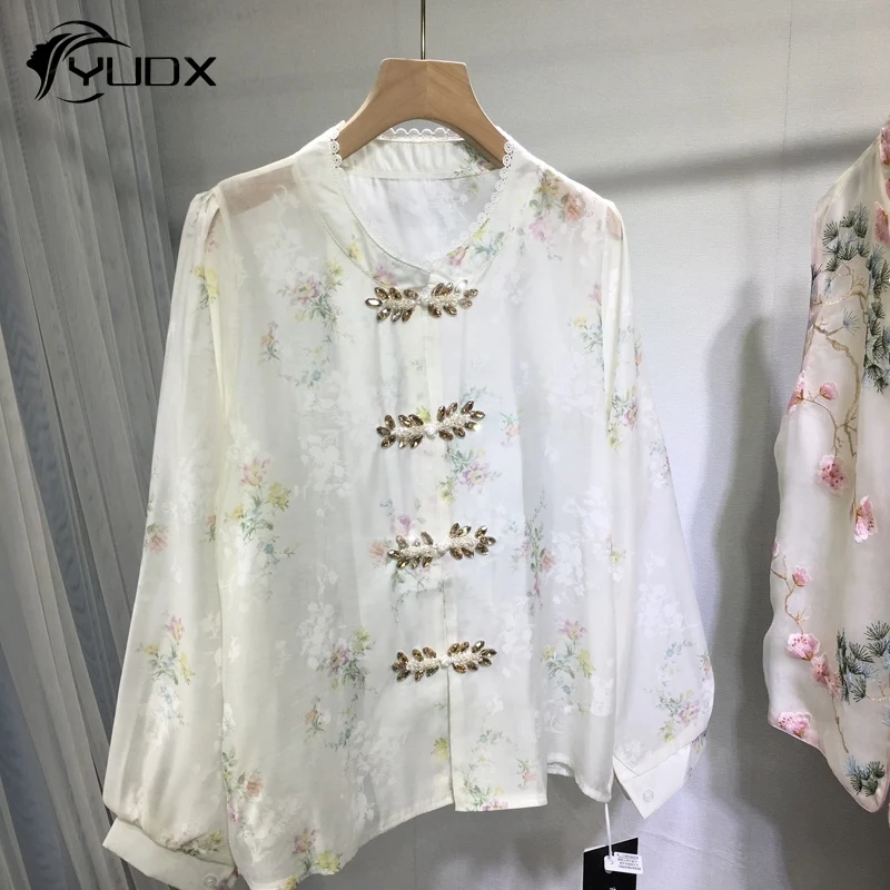 

YUDX Chinese Style Printing Long Sleeve Blouses Frog Diamonds Beads O-neck Cardigans Top All-match Summer Loose Sunscreen Shirt