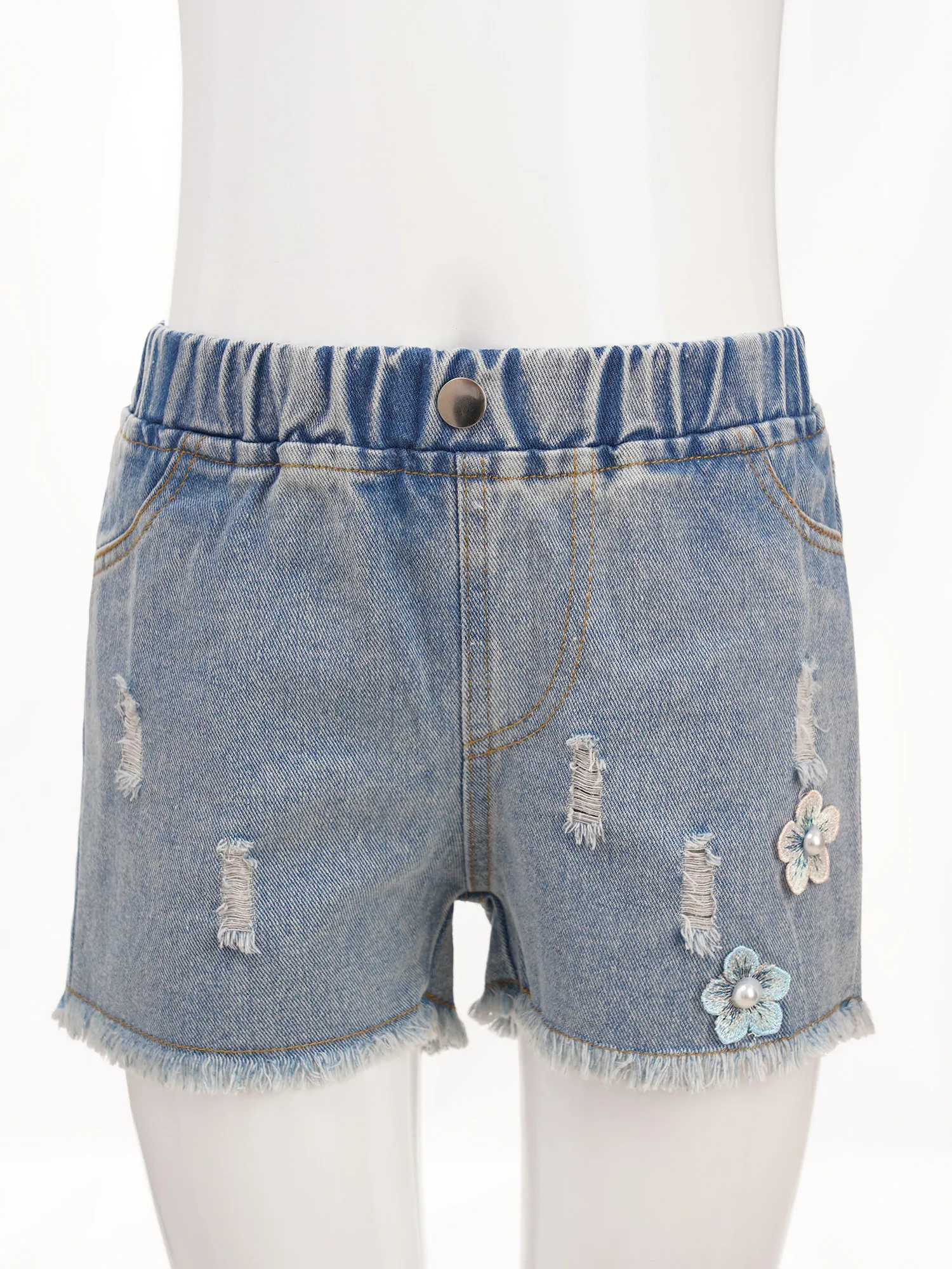 

ZDHoor Kids Girls Cute Flower Denim Shorts Ripped Frayed Raw Hem Elastic Waistband Short Pants with Pockets