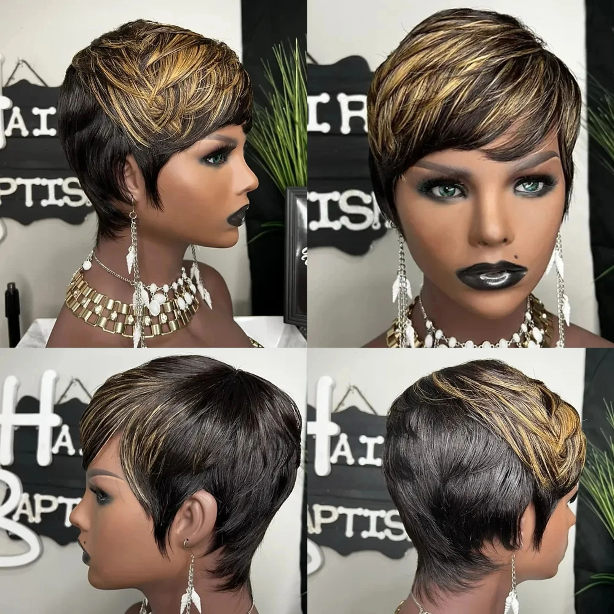 

Pixie Cut Wigs for Black Women Synthetic Wig Ombre Black Blonde Honey Gold Short Straight Wigs Pixie Cut Wigs with Bangs