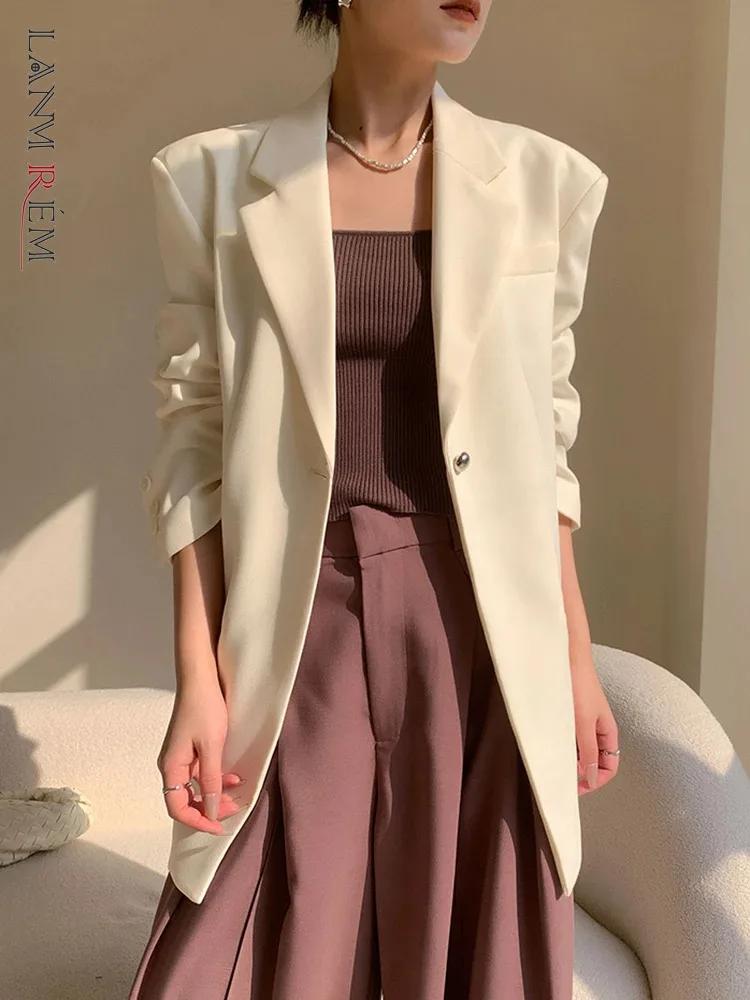 

[LANMREM] Elegant Office Lady Blazers For Women Single Button Gathered Waist Fashion Jackets 2024 Spring New Coats 26D9088