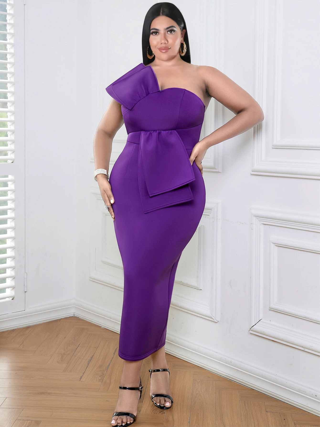 

Purple Dress for Women 2023 One Shoulder Large Size 3XL 4XL High Waist Bodycon Bowtie Evening Birthday Midi Event Party Outfits