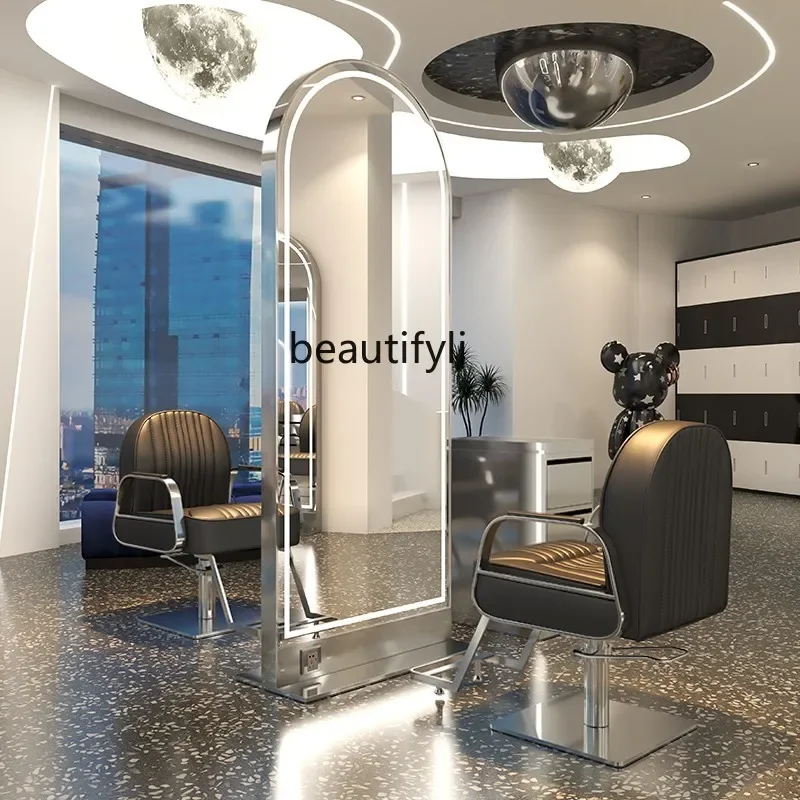 

Barber Shop Single-Sided Mirror Hair Salon Dressing Table Double-Sided Stainless Steel Floor Hair Cutting Mirror with Light